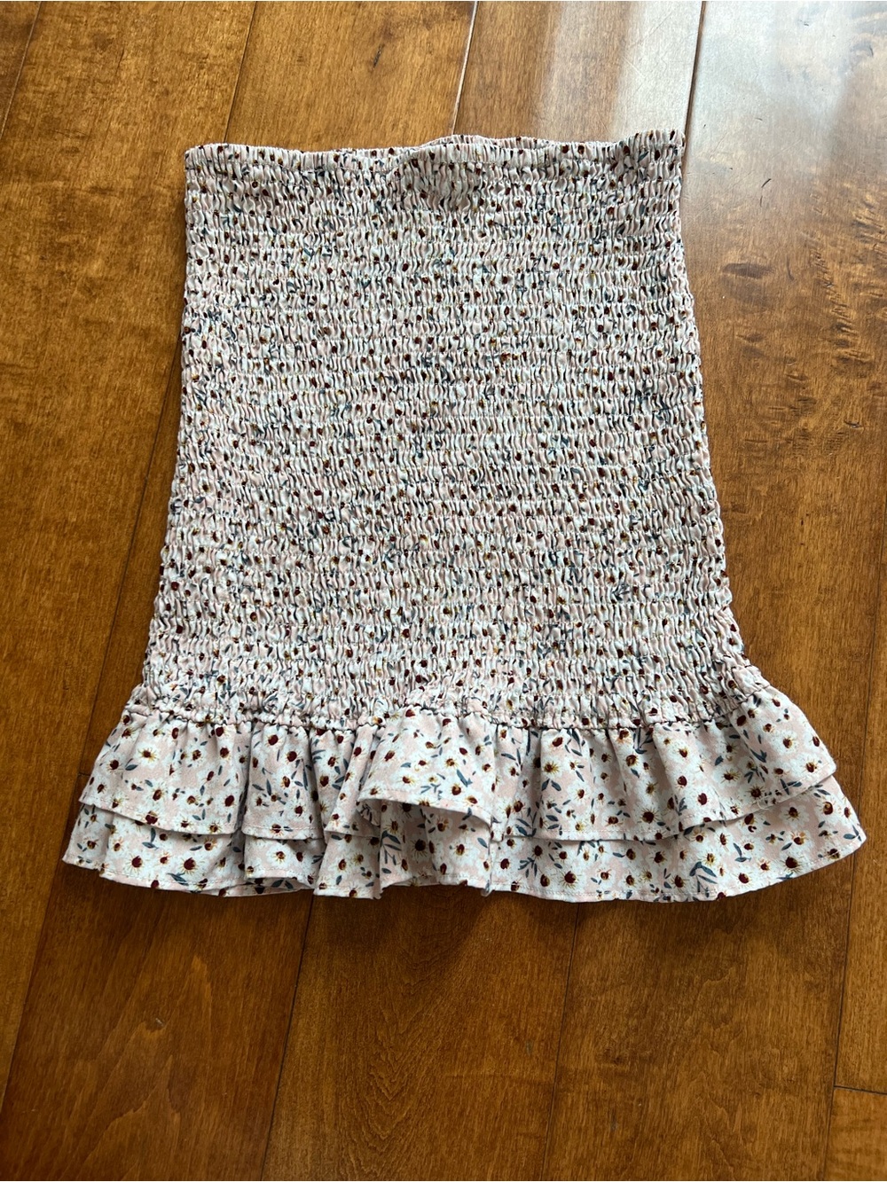 Beginning Boutique White Smocked Mini Skirt with Pink and Brown Floral